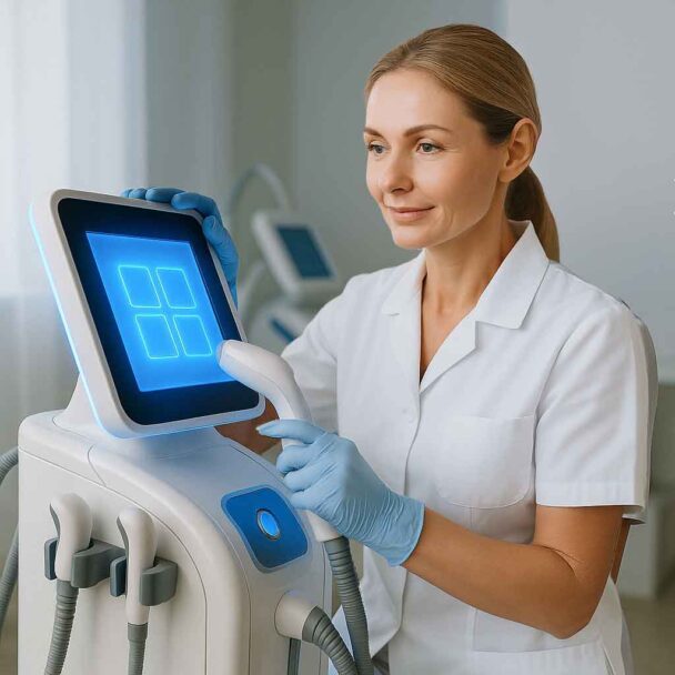 cutting-edge-medspa-device-nuvell Medical professional operating advanced aesthetic technology in a modern MedSpa