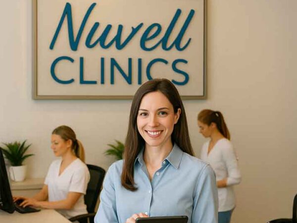 Clinic owner using tablet at Nuvell reception with staff assisting clients, symbolizing turnkey MedSpa systems and efficiency