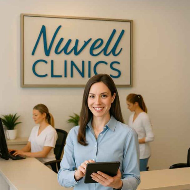 medspa-turnkey-systems-nuvell Clinic owner using tablet at Nuvell reception with staff assisting clients, symbolizing turnkey MedSpa systems and efficiency