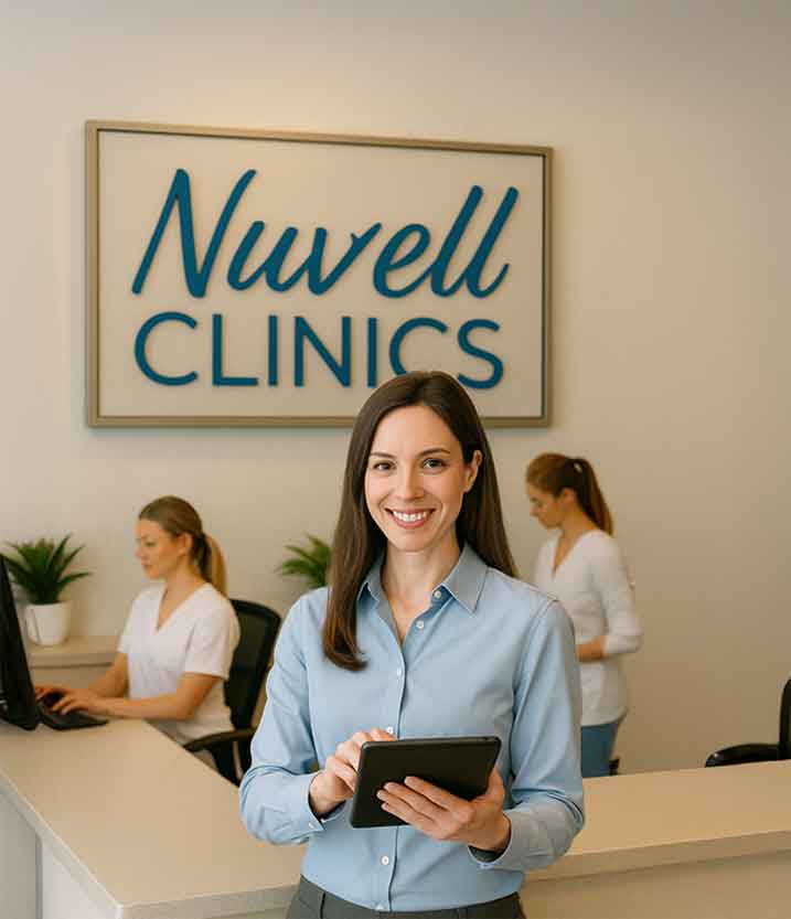 Clinic owner using tablet at Nuvell reception with staff assisting clients, symbolizing turnkey MedSpa systems and efficiency