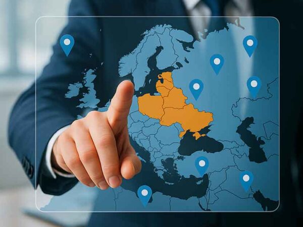 Business professional pointing to exclusive territories on a digital map, symbolizing protected regions and market dominance for Nuvell International licensing opportunities