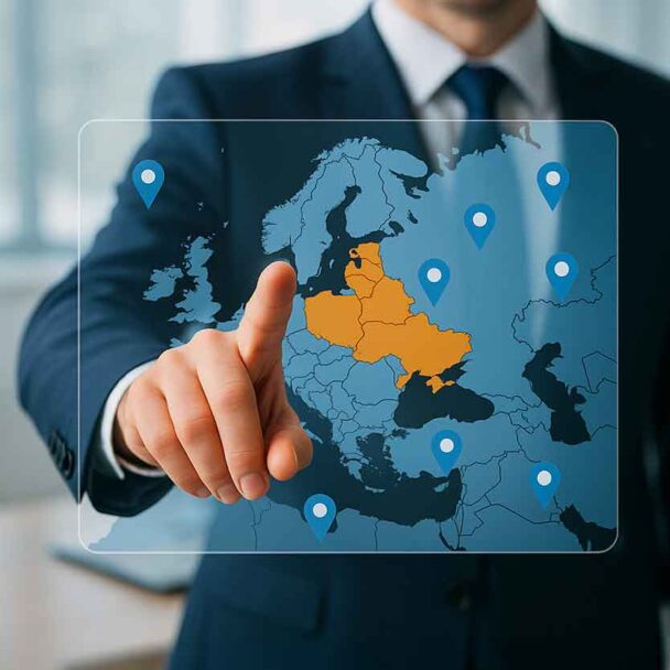nuvell-exclusive-territories-licensing Business professional pointing to exclusive territories on a digital map, symbolizing protected regions and market dominance for Nuvell International licensing opportunities
