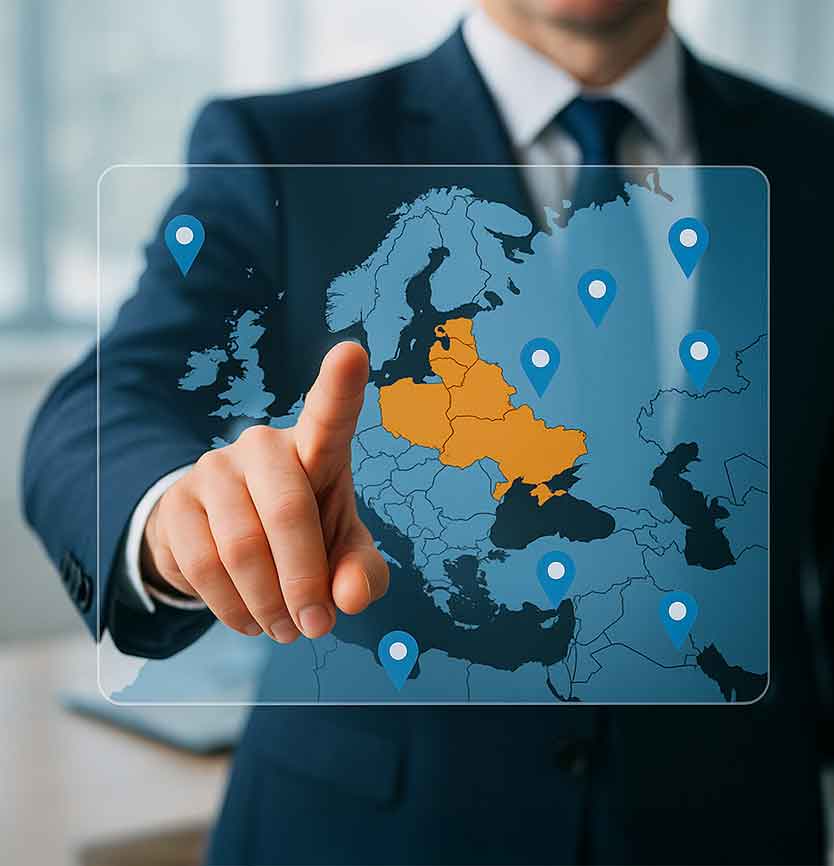Business professional pointing to exclusive territories on a digital map, symbolizing protected regions and market dominance for Nuvell International licensing opportunities