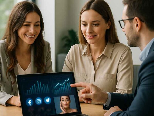 Marketing team reviewing social media dashboards and growth charts on a laptop for MedSpa business support at Nuvell