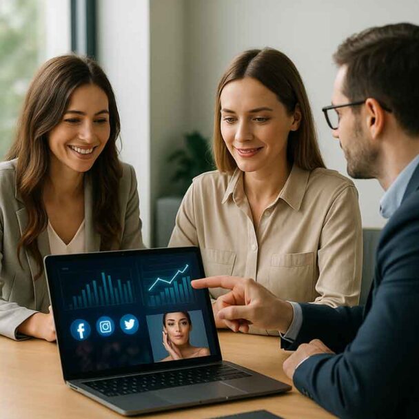 nuvell-marketing-business-support Marketing team reviewing social media dashboards and growth charts on a laptop for MedSpa business support at Nuvell