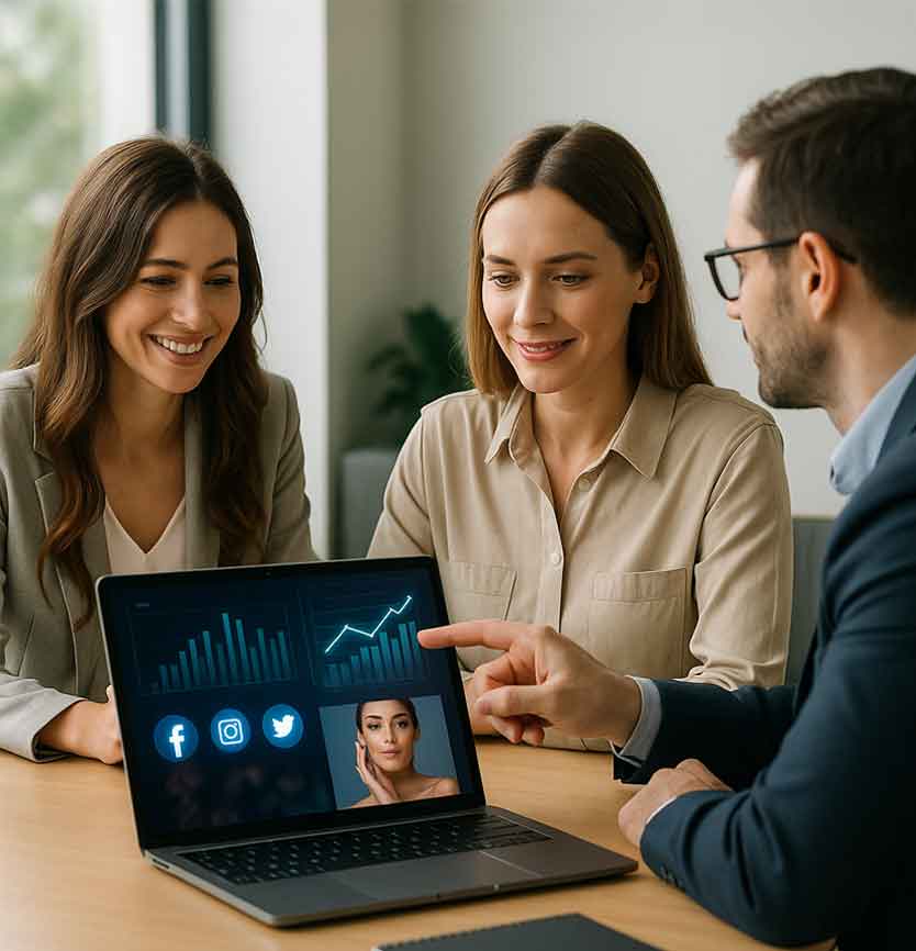 Marketing team reviewing social media dashboards and growth charts on a laptop for MedSpa business support at Nuvell