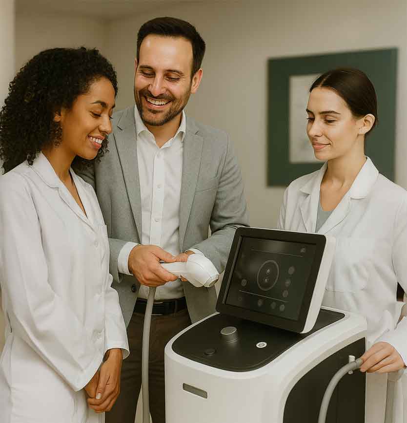 MedSpa staff in white coats receiving training on advanced treatment equipment as part of Nuvell International licensing program