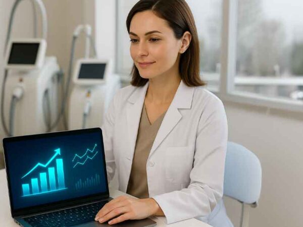 MedSpa owner reviewing financial growth charts on a laptop with advanced treatment devices in the background at Nuvell