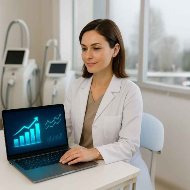 nuvell-multiple-revenue-streams MedSpa owner reviewing financial growth charts on a laptop with advanced treatment devices in the background at Nuvell