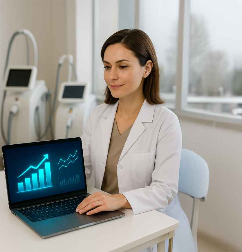 MedSpa owner reviewing financial growth charts on a laptop with advanced treatment devices in the background at Nuvell