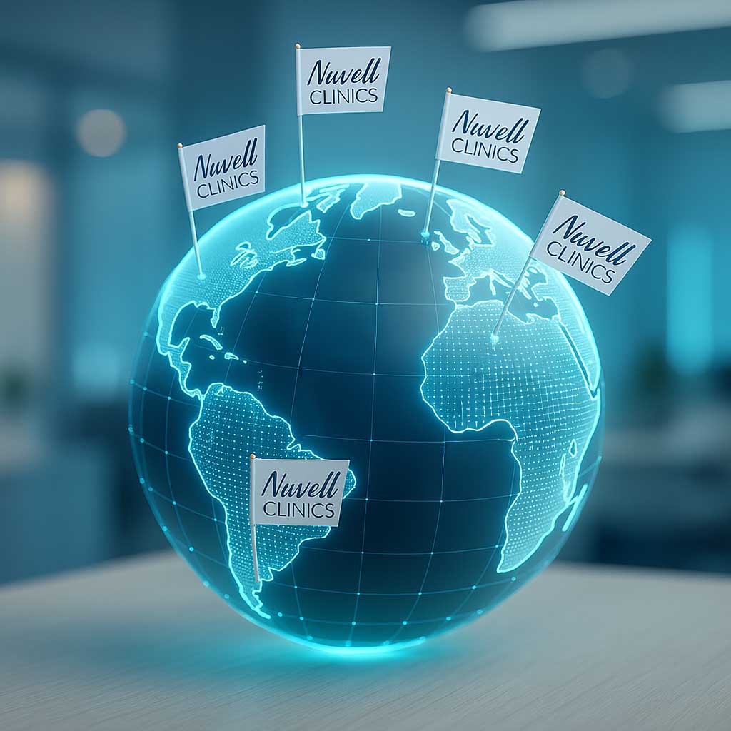 Futuristic glowing 3D globe with Nuvell Clinics flags marking potential future expansion in the United States, Canada, Germany, UAE, Thailand, and Australia, symbolizing international MedSpa growth.