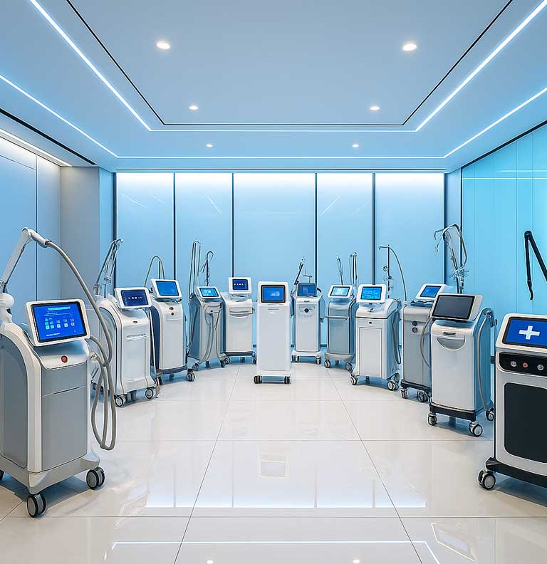 Modern MedSpa showroom featuring a dozen advanced aesthetic devices with glowing touchscreens, representing access to cutting-edge technology.