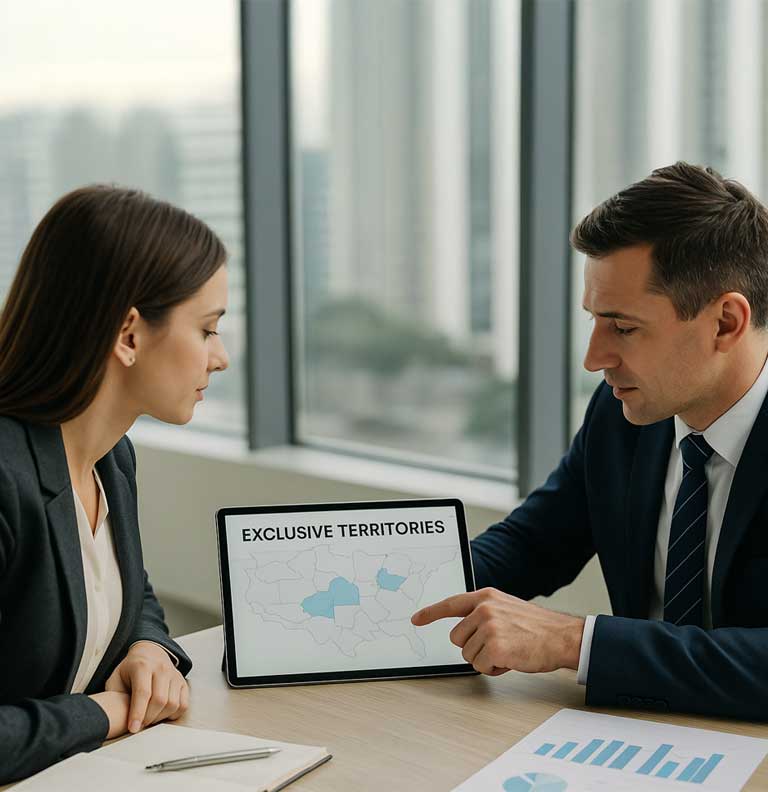 Two business professionals reviewing a digital map labeled exclusive territories, representing protected markets in MedSpa licensing