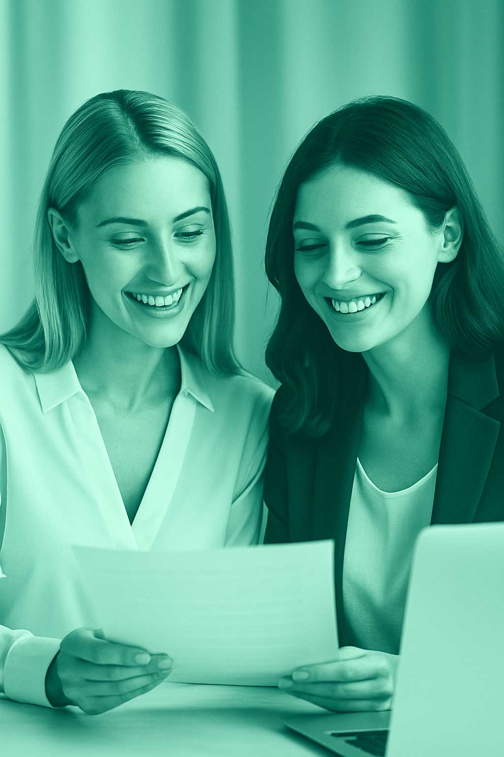 Two professional women collaborating on MedSpa investment opportunities with teal overlay effect.