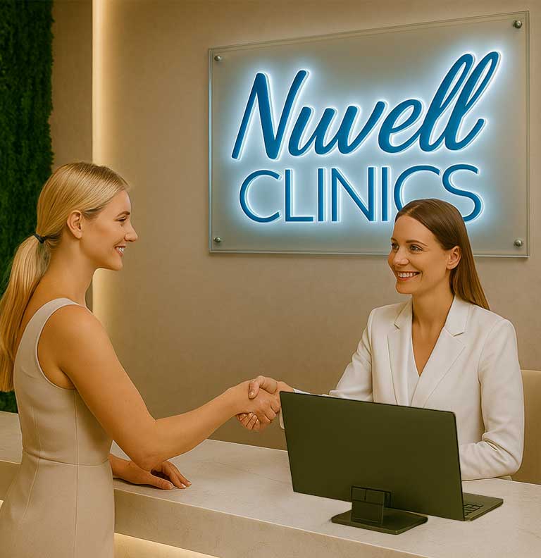 Receptionist greeting a smiling client at Nuvell Clinics luxury MedSpa reception desk with a modern desktop computer and premium backlit glass sign.