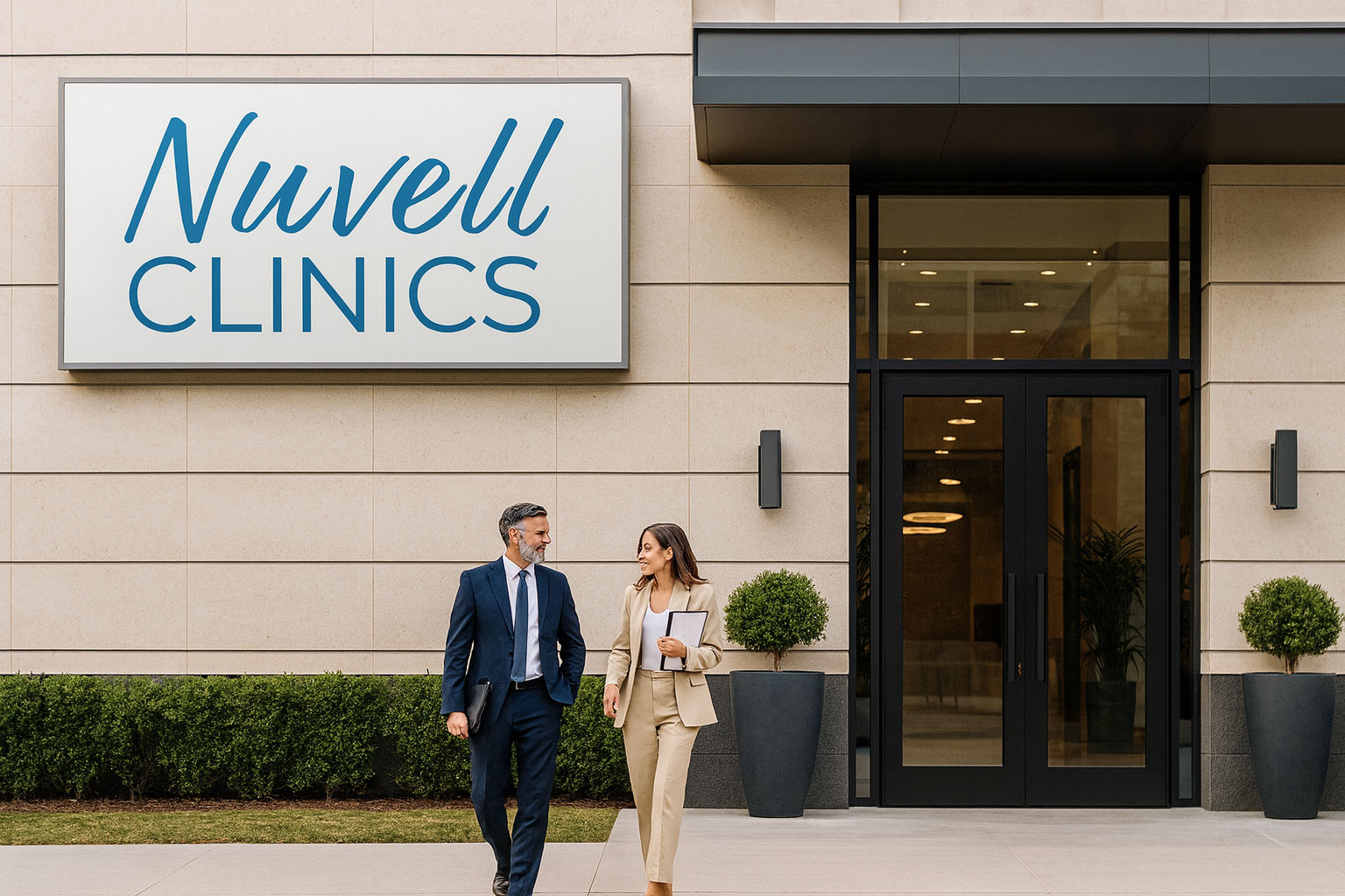 xterior of Nuvell Clinics MedSpa with signage and professionals walking toward the entrance, representing a trustworthy business opportunity.