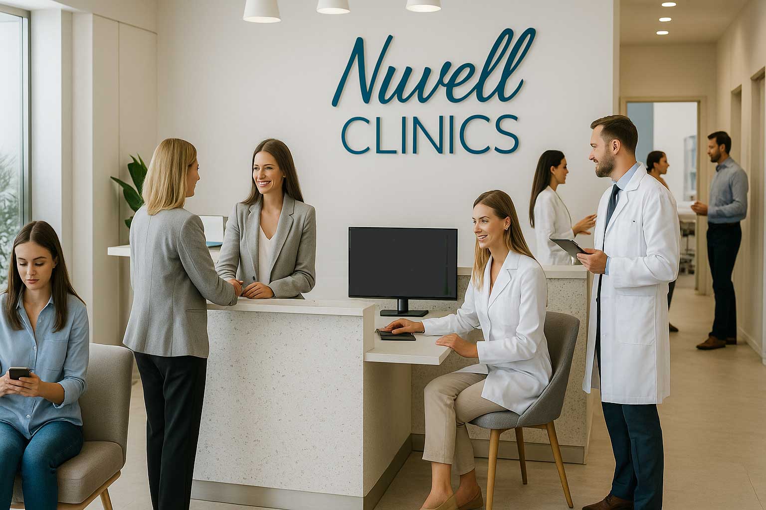 Busy Nuvell Clinics reception area with staff assisting clients in a modern MedSpa environment
