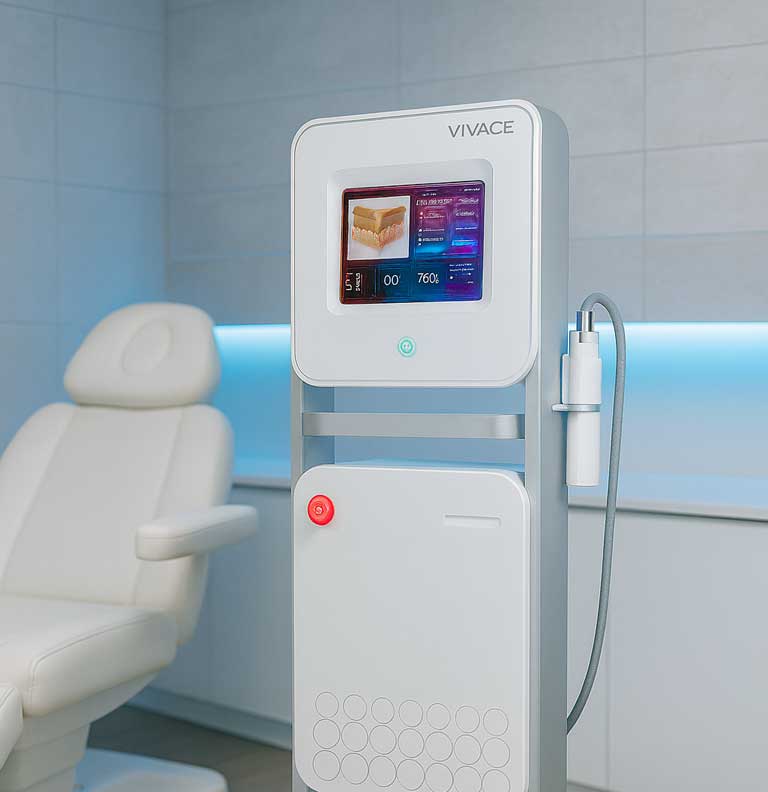 Vivace RF microneedling device placed in a modern MedSpa treatment room with a professional, high-end atmosphere.